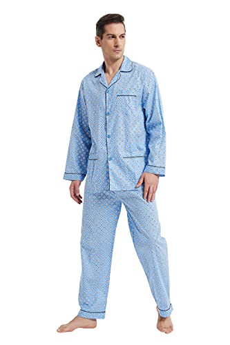 GLOBAL Herren Schlafanzug Lang Baumwolle Pyjama Set Zweiteiliger Nachtwäsche Langarm Shirt V Ausschnitt Taschen Knopfleiste Loungehose Band Nightwear Blauer Hintergrund Blaues Quadrat L von GLOBAL