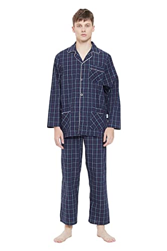 GLOBAL Herren Schlafanzug Lang Baumwolle Pyjama Set Zweiteiliger Nachtwäsche Langarm Shirt V Ausschnitt Taschen Knopfleiste Loungehose Band Nightwear Dunkelblau Kariert L von GLOBAL