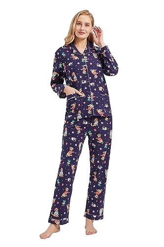 GLOBAL Schlafanzüge Damen Flanell | Baumwolle Damen Pyjama Set | Zweiteiliger Nachtwäsche Damen Pjs Set Lang | Knopfleiste vorne und Kordelzug | Blau，Haustie Hund L von GLOBAL