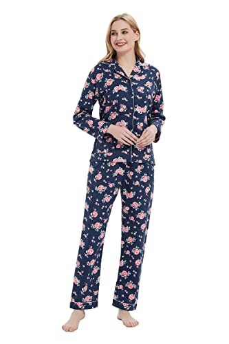 GLOBAL Schlafanzüge Damen Flanell | Baumwolle Damen Pyjama Set | Zweiteiliger Nachtwäsche Damen Pjs Set Lang | Knopfleiste vorne und Kordelzug | Blau，Rose XL von GLOBAL