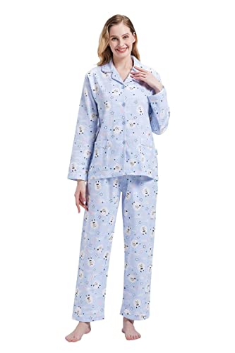 GLOBAL Schlafanzüge Damen Flanell | Baumwolle Damen Pyjama Set | Zweiteiliger Nachtwäsche Damen Pjs Set Lang | Knopfleiste vorne und Kordelzug | Blau,Schafe M von GLOBAL