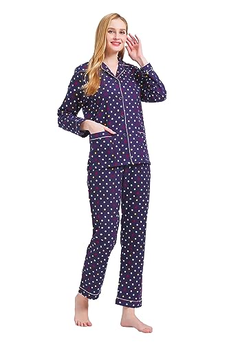 GLOBAL Schlafanzüge Damen Flanell | Baumwolle Damen Pyjama Set | Zweiteiliger Nachtwäsche Damen Pjs Set Lang | Knopfleiste vorne und Kordelzug | Blaue, Farbige Flecken M von GLOBAL