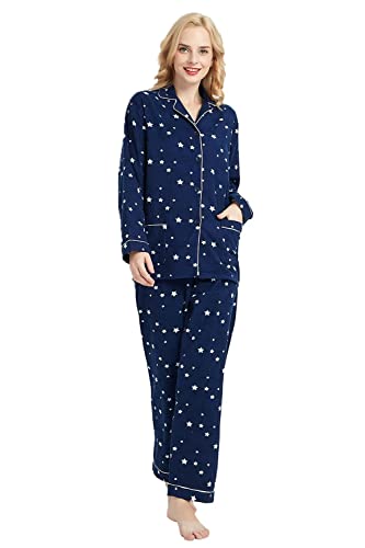 GLOBAL Schlafanzüge Damen Flanell | Baumwolle Damen Pyjama Set | Zweiteiliger Nachtwäsche Damen Pjs Set Lang | Knopfleiste vorne und Kordelzug |Blauer Stern L von GLOBAL