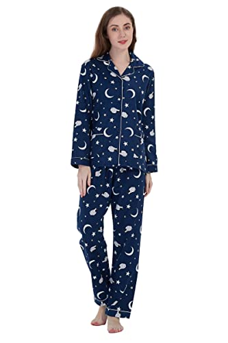 GLOBAL Schlafanzüge Damen Flanell | Baumwolle Damen Pyjama Set | Zweiteiliger Nachtwäsche Damen Pjs Set Lang | Knopfleiste vorne und Kordelzug |Blaues süßes Lamm M von GLOBAL