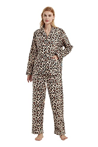 GLOBAL Schlafanzüge Damen Flanell | Baumwolle Damen Pyjama Set | Zweiteiliger Nachtwäsche Damen Pjs Set Lang | Knopfleiste vorne und Kordelzug |Brauner Leopard M von GLOBAL