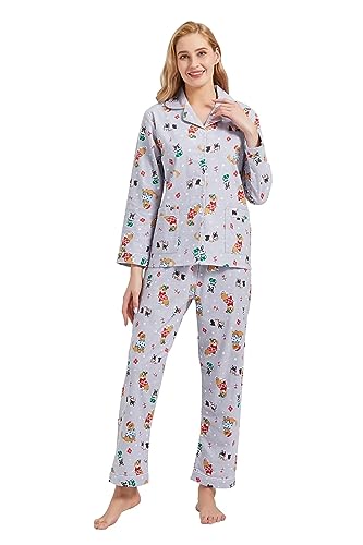 GLOBAL Schlafanzüge Damen Flanell | Baumwolle Damen Pyjama Set | Zweiteiliger Nachtwäsche Damen Pjs Set Lang | Knopfleiste vorne und Kordelzug | Grau, Haustie Hund L von GLOBAL