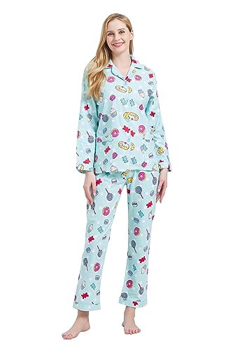 GLOBAL Schlafanzüge Damen Flanell | Baumwolle Damen Pyjama Set | Zweiteiliger Nachtwäsche Damen Pjs Set Lang | Knopfleiste vorne und Kordelzug | Grün, Nachtisch L von GLOBAL