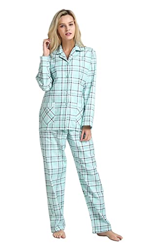 GLOBAL Schlafanzüge Damen Flanell | Baumwolle Damen Pyjama Set | Zweiteiliger Nachtwäsche Damen Pjs Set Lang | Knopfleiste vorne und Kordelzug | Grünes Plaid L von GLOBAL