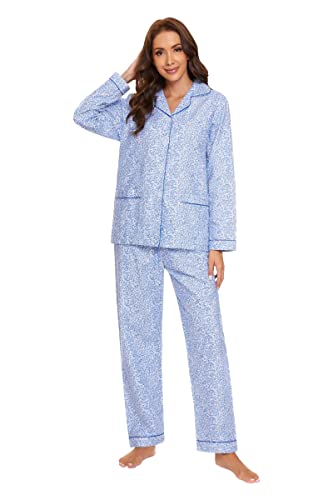 GLOBAL Schlafanzüge Damen Flanell | Baumwolle Damen Pyjama Set | Zweiteiliger Nachtwäsche Damen Pjs Set Lang | Knopfleiste vorne und Kordelzug |Kleine Blaue Blüten M von GLOBAL