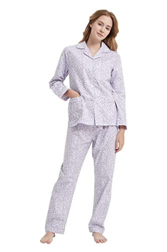 GLOBAL Schlafanzüge Damen Flanell | Baumwolle Damen Pyjama Set | Zweiteiliger Nachtwäsche Damen Pjs Set Lang | Knopfleiste vorne und Kordelzug |Lila Blume L von GLOBAL