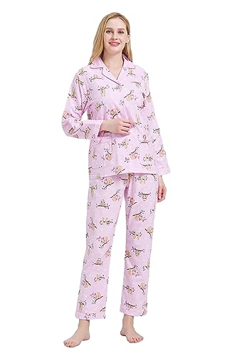 GLOBAL Schlafanzüge Damen Flanell | Baumwolle Damen Pyjama Set | Zweiteiliger Nachtwäsche Damen Pjs Set Lang | Knopfleiste vorne und Kordelzug | Rosa, Faultiere 3XL von GLOBAL