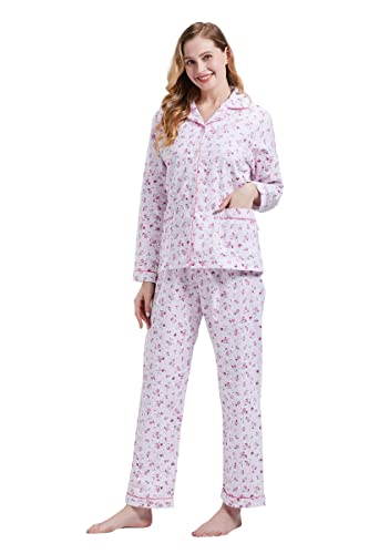 GLOBAL Schlafanzüge Damen Flanell | Baumwolle Damen Pyjama Set | Zweiteiliger Nachtwäsche Damen Pjs Set Lang | Knopfleiste vorne und Kordelzug |Rosa Blume der Fantasie L von GLOBAL