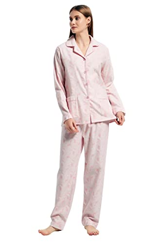 GLOBAL Schlafanzüge Damen Flanell | Baumwolle Damen Pyjama Set | Zweiteiliger Nachtwäsche Damen Pjs Set Lang | Knopfleiste vorne und Kordelzug | Rosa Paisley L von GLOBAL