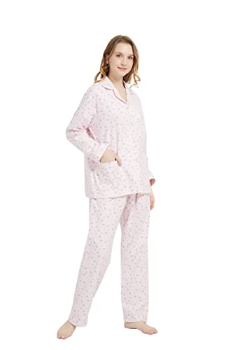 GLOBAL Schlafanzüge Damen Flanell | Baumwolle Damen Pyjama Set | Zweiteiliger Nachtwäsche Damen Pjs Set Lang | Knopfleiste vorne und Kordelzug |Rosa süße Blumen L von GLOBAL