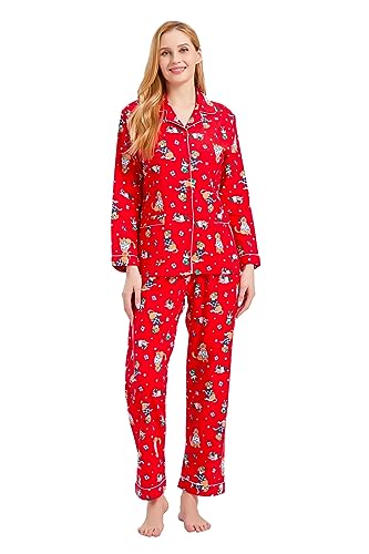 GLOBAL Schlafanzüge Damen Flanell | Baumwolle Damen Pyjama Set | Zweiteiliger Nachtwäsche Damen Pjs Set Lang | Knopfleiste vorne und Kordelzug | Rot，Haustie Hund L von GLOBAL