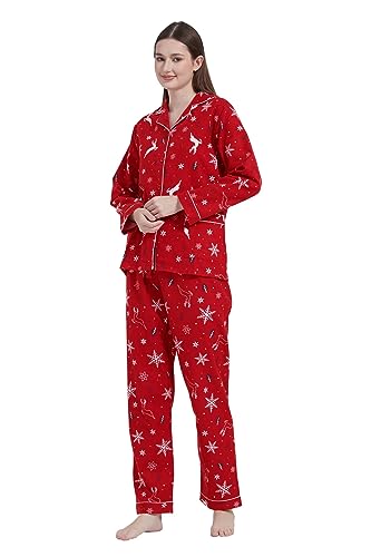 GLOBAL Schlafanzüge Damen Flanell | Baumwolle Damen Pyjama Set | Zweiteiliger Nachtwäsche Damen Pjs Set Lang | Knopfleiste vorne und Kordelzug | Rot,Rentie M von GLOBAL