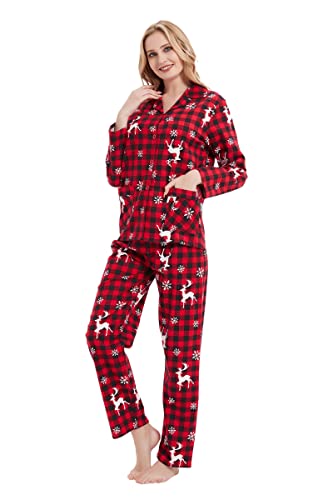 GLOBAL Schlafanzüge Damen Flanell | Baumwolle Damen Pyjama Set | Zweiteiliger Nachtwäsche Damen Pjs Set Lang | Knopfleiste vorne und Kordelzug | Weihnachts Rotes Plaid 3XL von GLOBAL