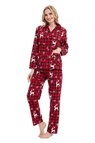 GLOBAL Schlafanzüge Damen Flanell | Baumwolle Damen Pyjama Set | Zweiteiliger Nachtwäsche Damen Pjs Set Lang | Knopfleiste vorne und Kordelzug |Weihnachts Rotes Plaid L von GLOBAL