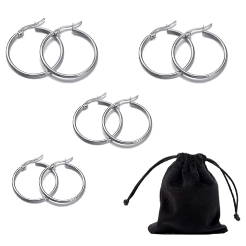 4 Paare Edelstahl Abgerundete Kleine Creolen Set für Damen Niedliche Huggie Ohrringe Nickelfrei 15MM-30MM-Wird mit einem Samtbeutel geliefert von GNALIA