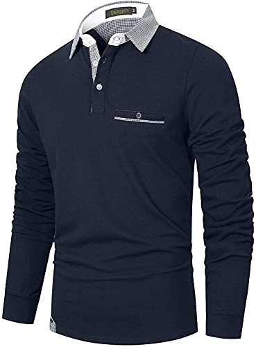 GNRSPTY Herren Poloshirt Langarm Polohemd Slim Fit Klassische Karierte Spleiß Baumwolle Golf T-Shirt,Blau 3,M von GNRSPTY