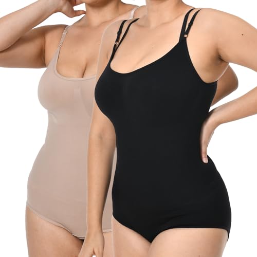 GOLD CARP Shapewear Damen Bauchweg Bodysuit Figurenformend Formende Bodys Nahtlos Body Shaper Verstellbarer Schultergurt Tummy Control Unterwäsche Taillenformer Jumpsuit Schwarz+Beige 2XL von GOLD CARP