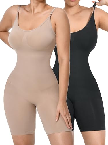 GOLD CARP Shapewear Damen Figurformender Formende Bodys Bauchweg Voll Body Shaper Shaping Shorts Bodysuit Taillenformer Unterwäsche Verstellbarer Schultergurt,1 Stück-Schwarz+Beige,2XL von GOLD CARP