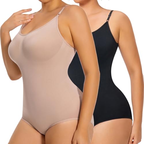 GOLD CARP Shapewear Damen Nahtlos Formende Bodys Figurenformend Bodysuit Verstellbarer Schultergurt Schwarz+Beige L von GOLD CARP