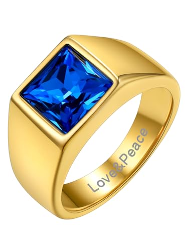 GoldChic 316L Edelstahl Zirkonia Fingerring mit Eigenem Namen mit 8mm breit Quadratischem Blautopas Herren Fashion Zirkon Bandring Anniversary Promise Siegelring in Gold Ringgröße 59.5（18.9） von GOLDCHIC JEWELRY