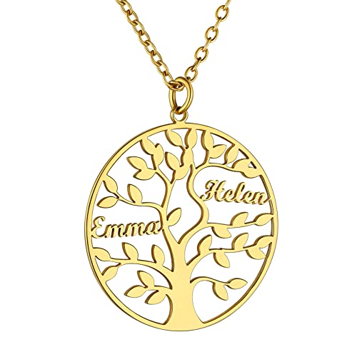 GoldChic Anpassbare Damen Kette mit 2 Namen Lebensbaum Halskette 18K Vergoldet Baum des Lebens Familie Anhänger Halskette Stammbaum Kette mit 2 Namen Gravur für BFF Halskette Familie Kette von GOLDCHIC JEWELRY