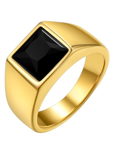 GoldChic Herren Geburtsstein Fingerring 316L Edelstahl 8mm breit Quadratischer Schwarzer Zirkon Siegelring Glänzender Zirkonia Bandring für Hochzeit Verlobung in Gold Ringgröße 62.1（19.8） von GOLDCHIC JEWELRY