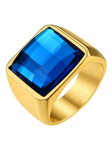 GoldChic Männer Konvexer Ring 316L Edelstahl Zirkonia Fingerring mit 15mm breit Blautopas Quadratischer Gläzender Zirkon Bandring Vintage Komvexer Ring in Gold Ringgröße 70（22.3） von GOLDCHIC JEWELRY