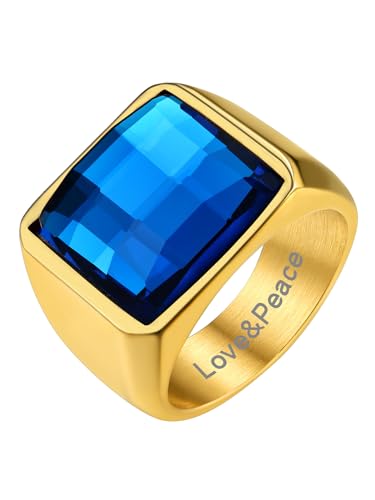 GoldChic Männer Konvexer Ring mit Textgravur 316L Edelstahl Zirkonia Fingerring mit 15mm breit Blautopas Quadratischer Gläzender Zirkon Bandring Vintage Komvexer Ring in Gold Ringgröße 70（22.3） von GOLDCHIC JEWELRY