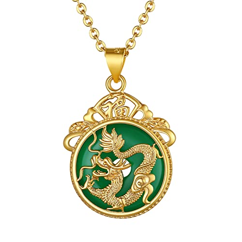 GoldChic Traditionelle Drachen-Totem-Anhänger Halskette Grüne runde Jade Drachen-Anhänger Halskette Amulette im Chinesischen Stil aus Kupfer Symbol für Reitum und Erfolg mit 46+5 Kette von GOLDCHIC JEWELRY