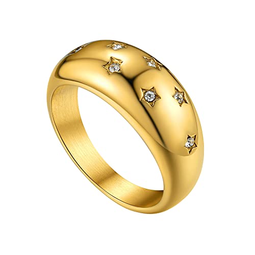 Minimalistischer Kuppelring mit Sterngravur für Damen Frauen 8.8mm breit Edelstahl Schlichter Polierter Stapelbarer Fingerring Schmal Paarringe Eheringe Memoire Ringe Ringgröße 64.6（20） in Gold von GOLDCHIC JEWELRY