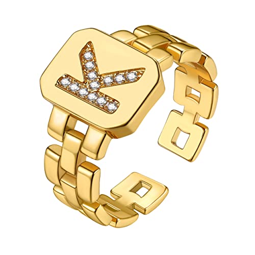 Mode Damen Offener Verstellbarer Siegelring mit Buchstaben K Stapelbarer Initialer Alphabet K Fingerring mit Zirkonia in Gold Kupfer Ringe Schmuckzubehör Initiale Alphabet Schmuck für Damen Frauen von GOLDCHIC JEWELRY