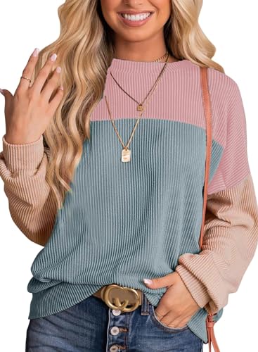 GOLDPKF Damen Langarmshirt Herbst Mode Damen Winter Strickpullover Damen Rundkragen Oberteile Elegant Sweater Rosa Blau Top Oberteile Top Klein von GOLDPKF