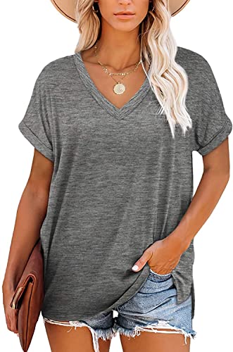 GOLDPKF Damen Sommerkleid T Shirt Basic V-Ausschnitt Kurzarm Damen Tshirt Pullover Damen Sport T-Shirt Split Saum Einfarbige T Shirts Tops Grau Klein S von GOLDPKF