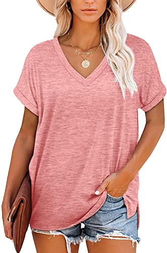 GOLDPKF Damen Tshirts Oberteile Basic Pullover V Ausschnitt Tshirts Elegant Kurzarm Einfarbige T Shirts Kurze ärmel locker Sommer Tops Elegant Rosa XX-Large XXL von GOLDPKF