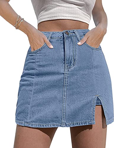 GOLDPKF Hosenrock Damen Sommer Jeansrock Damen Midi Jeans Röcke Damen Mit Taschen Denim Skirt Schlitz Jeansrock Frauen Knopfleiste Jeansrock Damen Sommer Kurz Himmelblau von GOLDPKF