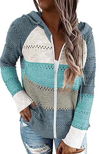 GOLDPKF Mädchen Pullover Pullover Für Damen Damen Jacke Cardigan Damen Langarmshirt Damen Hoodies Hohler Pullover Gestreift Farbanpassung Sweatshirt Hoodie Blau XL 48-50 von GOLDPKF