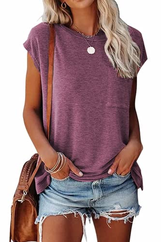 GOLDPKF T-Shirt Damen Einfache Mode Damen einfarbig Kurze Ärmel Violett X-Large von GOLDPKF