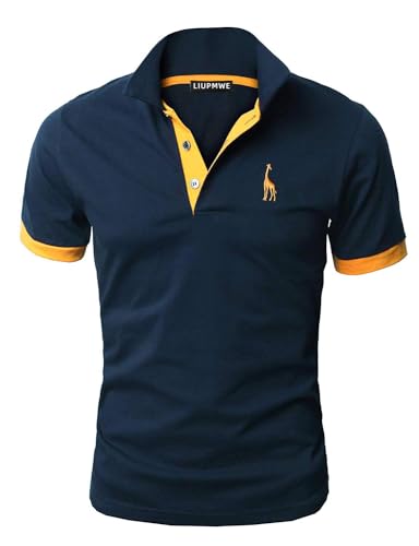 LIUPMWE Poloshirt Herren Kurzarm Baumwolle Einfarbig Basic Golf T-Shirt Giraffe Stickerei Polohemd Sommer,Blau-07,M von LIUPMWE