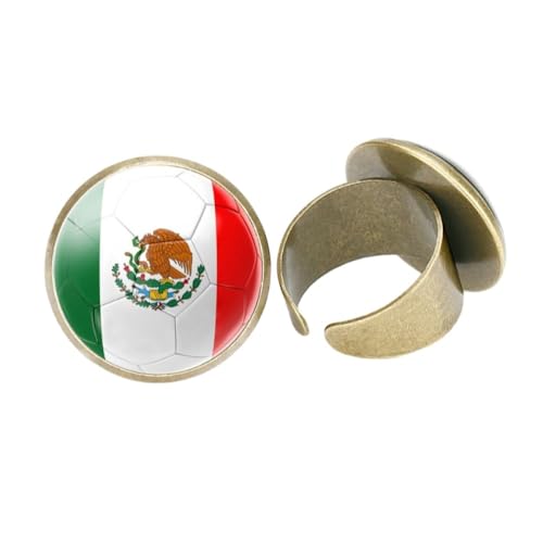 GONMFKM Modischer Fingerring Mit Mexiko-Flagge – Modischer, Cooler Glas-Fußball-Textur-Cabochon-Anhänger Mit Öffnungsring, Patriotisches Zubehör, Schmuck, Geschenk Für Männer, Frauen, Liebhaber, Jun von GONMFKM