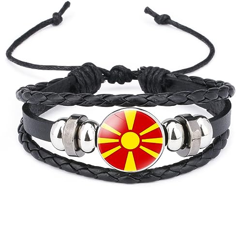 GONMFKM Modisches Geflochtenes Armband Mit Nordmazedonien Flagge Neuartiger Verstellbarer Armreif Aus Leder Für Herren Und Damen, Gewebtes Armband, Rundes Charm Abzeichen, Patriotischer Schmuck, Kla von GONMFKM