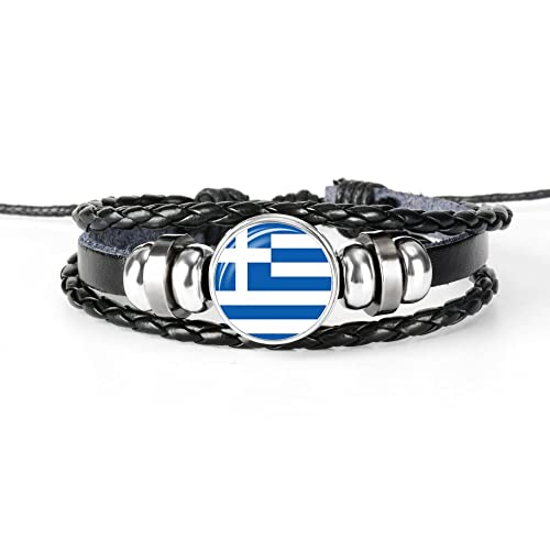 GONMFKM Modisches Geflochtenes Lederarmband Mit Griechenland Flagge Verstellbares Gewebtes Armband Für Herren Und Damen, Rundes Abzeichen, Manschettenarmreif, Patriotischer Vintage Schmuck, Charm, N von GONMFKM