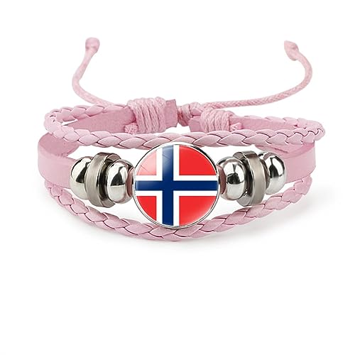 GONMFKM Modisches Geflochtenes Lederarmband Mit Norwegen Flagge Verstellbares Abzeichen Armband Für Herren Und Damen, Rosa Leder Armreif Mit Gewebter Manschette, Klassischer Patriotischer Schmuck, C von GONMFKM