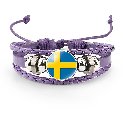 GONMFKM Modisches Geflochtenes Lederarmband Mit Schweden Flagge Verstellbares Abzeichen Armband Für Männer Und Frauen, Lila Geflochtener Manschettenarmreif Aus Leder, Patriotischer Retro Schmuck, Ch von GONMFKM