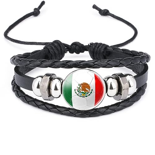 GONMFKM Modisches Gewebtes Armband Mit Mexiko Flagge Punk Armreif Aus Geflochtenem Leder Für Herren Und Damen, Verstellbar, Charm Neuheit, Patriotischer Schmuck, Fußball Textur, Abzeichen, Accessoir von GONMFKM