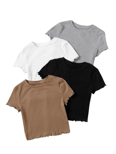 GORGLITTER 4 Stücke T-Shirt Damen Bauchfrei T-Shirts Crop Top Basic Oberteile Rippenstrick Kurzarmshirts mit Wellensaum Grau Weiß Schwarz Braun S von GORGLITTER