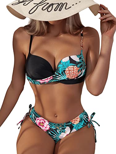 GORGLITTER Bikini Damen Push Up Bikini Mit Bügel Set Badeanzug Mit Tropenmuster Wickel Bikini Set Zweiteiler Badeanzug Bademode Schwarz M von GORGLITTER